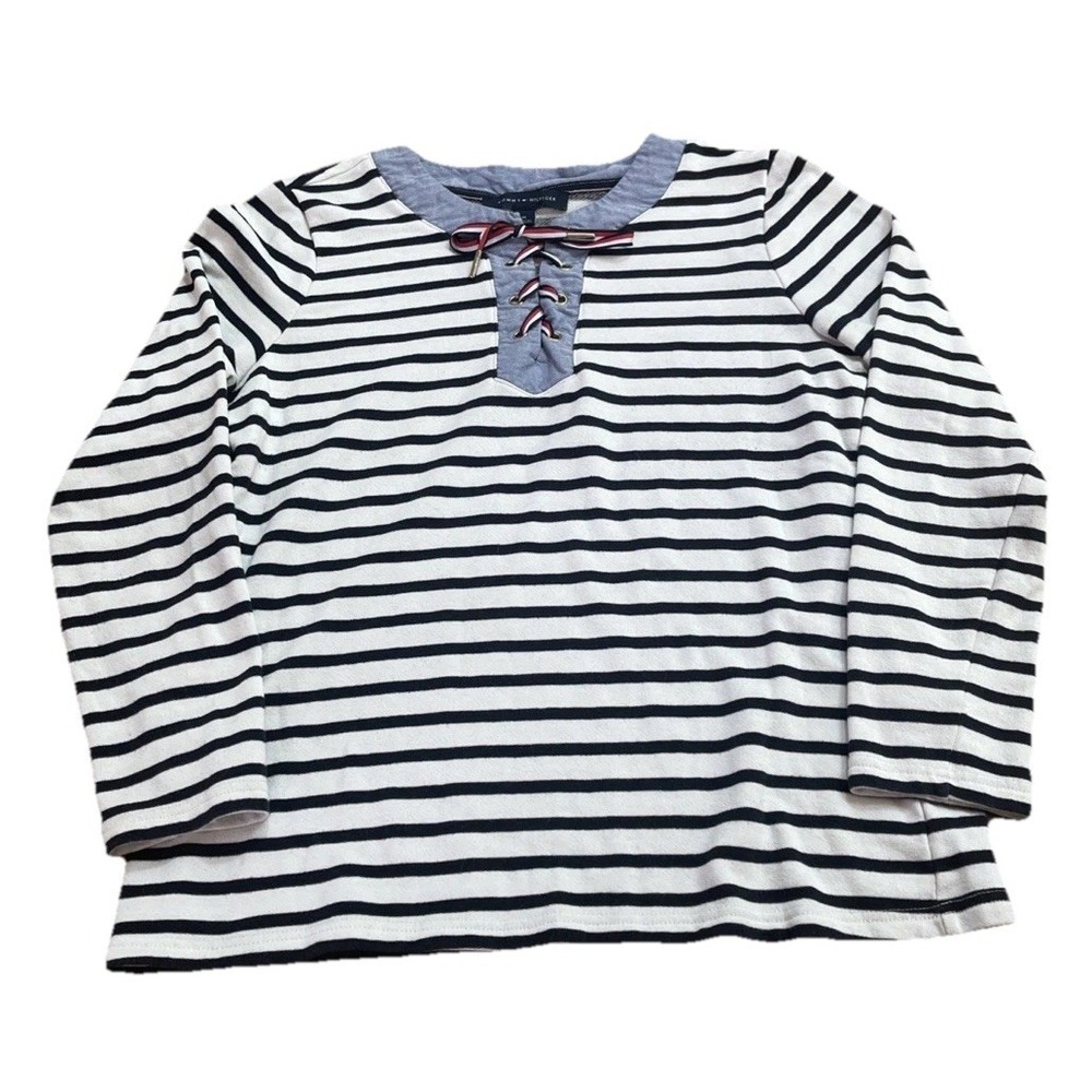 Tommy Hilfiger Striped Lace-Up Neck Top Long Sleeve Women's Medium - Picture 1 of 4